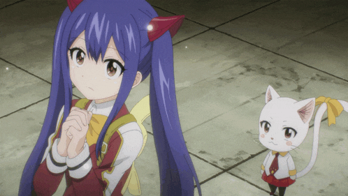 wendy from fairy tail is standing next to a cat