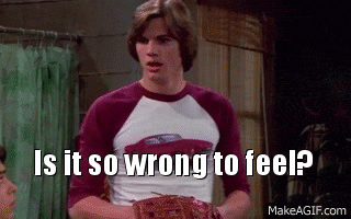 a man is holding a baseball glove and asking if it is wrong to feel .