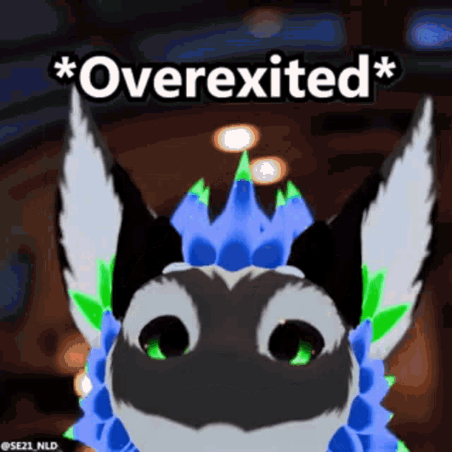 a cartoon of a furry animal with a crown on its head and the words `` overexcited '' above it .