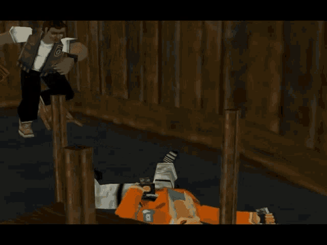 a video game character laying on a wooden dock