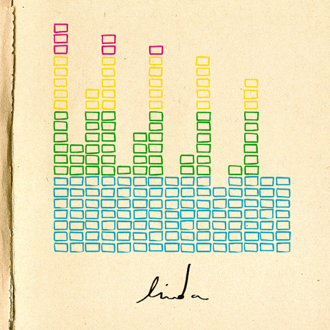 a drawing of a rainbow colored equalizer with the name linda below it