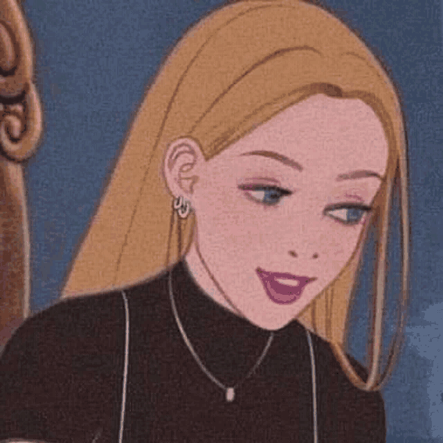 a close up of a cartoon girl wearing a turtleneck , earrings and a necklace .