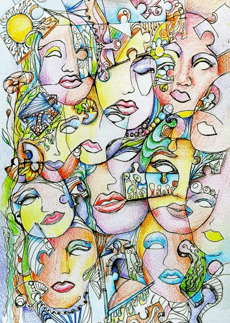 a colorful drawing of a woman 's faces with a butterfly and a sun in the background