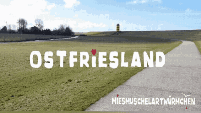 an advertisement for ostfriesland shows a grassy field and a road