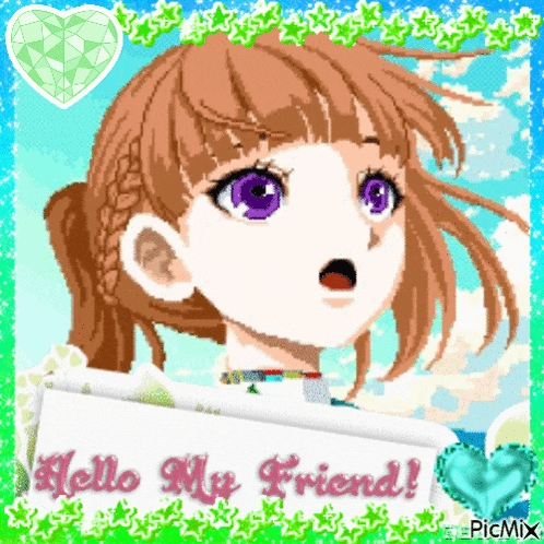 a pixel art of a girl with purple eyes holding a sign that says " hello my friend "
