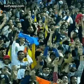 a crowd of people are standing in a stadium with their hands in the air and holding flags .