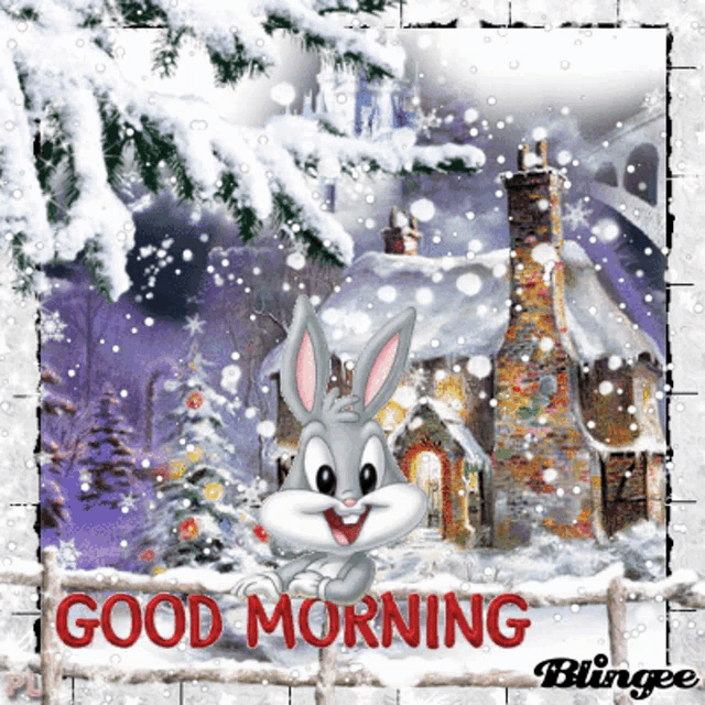 a bunny says good morning in front of a snowy village