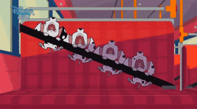a cartoon of dalmatian dogs on a roller coaster with disney written on the bottom