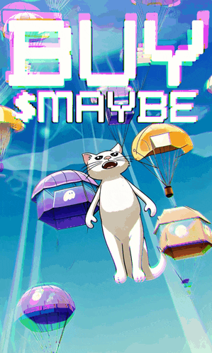 a cat is flying through the air with parachutes and the words buy $ maybe below it