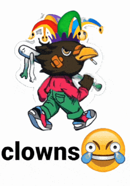 a drawing of a bird with a clown hat and the word clowns below it