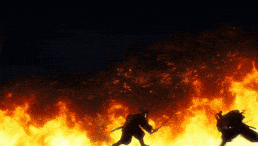 two samurai fighting in front of a fire