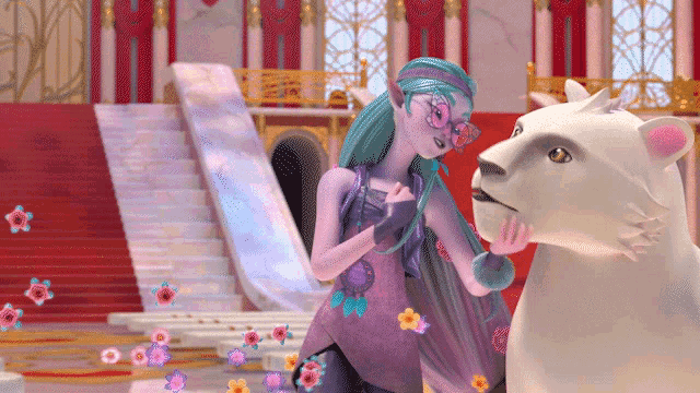 a girl with blue hair stands next to a polar bear
