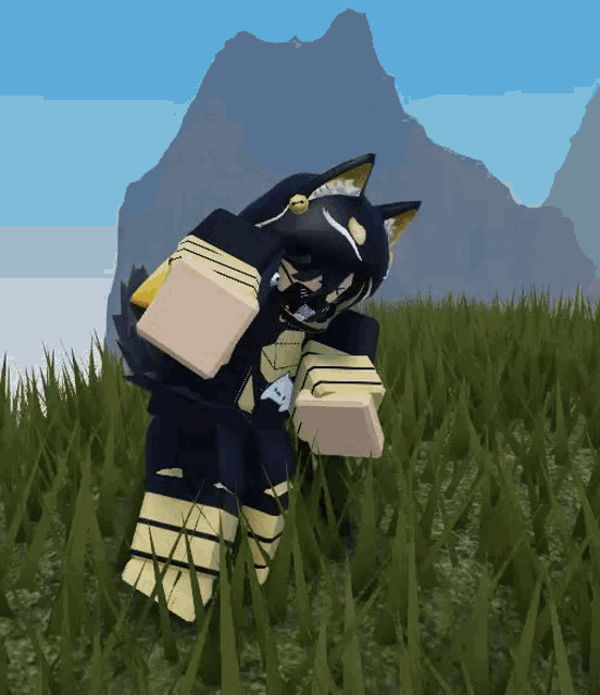 a cartoon character is standing in a field of tall grass with mountains in the background .
