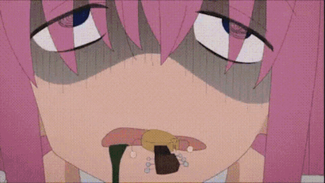 a close up of a cartoon character with pink hair making a face