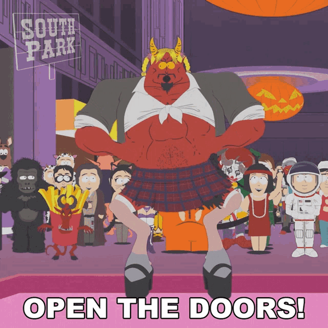 a cartoon of a devil in a kilt with the words open the doors below him