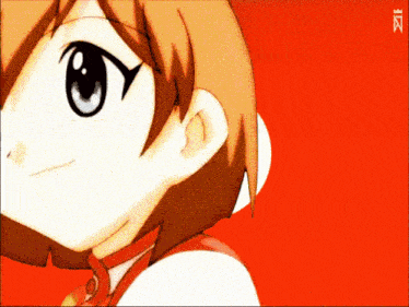 a close up of a girl 's face with a red background and the letters izl visible