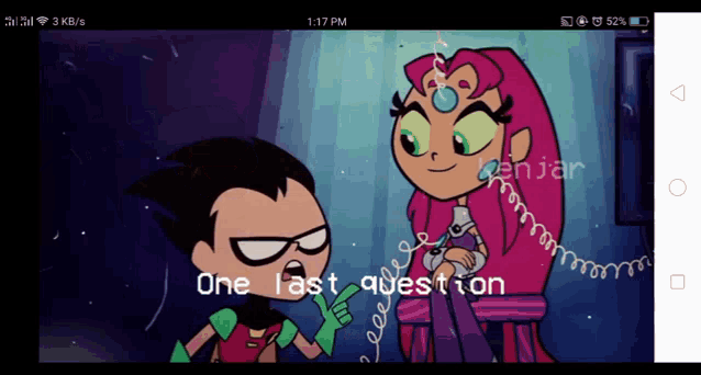 a screenshot of a cartoon showing robin and starfire with one last question