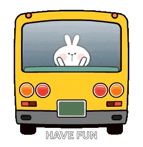 the back of a yellow bus with a rabbit looking out the window and the words `` have fun '' .