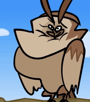 a cartoon drawing of an owl with a blue sky behind it