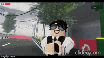 a roblox character is walking down a street and says eating chips