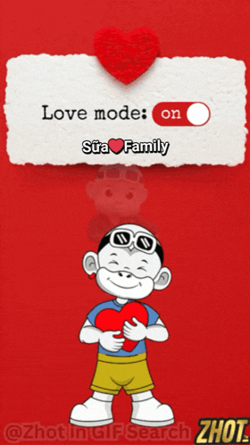a cartoon of a boy holding a heart with the words love mode on on top