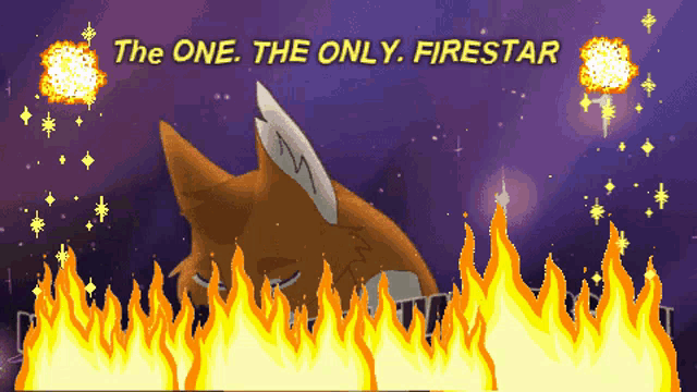 a pixel art of a fox with the words " the one the only firestar "