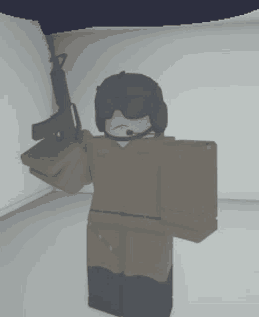 a cartoon character is holding a gun and wearing a headset