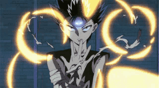a cartoon character is standing in front of a brick wall with a sword in his hand and a blue eye .