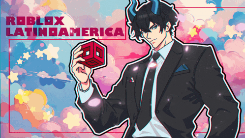 a cartoon of a man in a suit and tie holding a red cube with the words roblox latinamerica below him