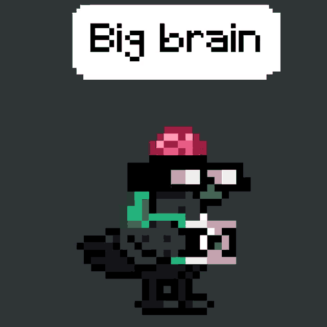 a pixel art of a person with a big brain speech bubble above them
