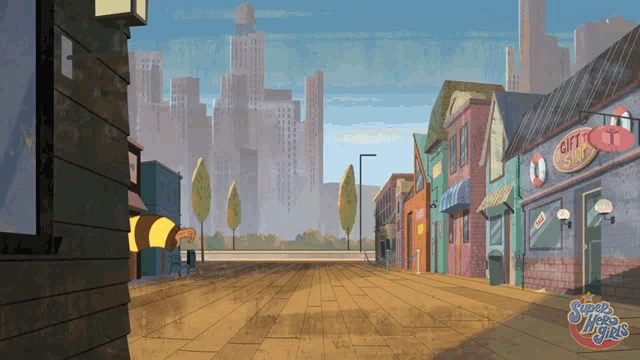 a cartoon drawing of a city street with a sign that says gift shop on it