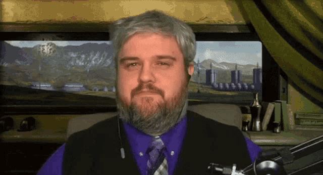 a man with a beard wearing a purple shirt and black vest
