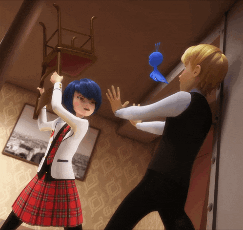 a girl with blue hair is holding a chair over a boy