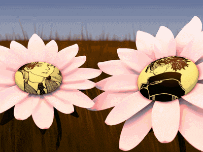 a couple of pink flowers with a picture of a man in a suit and tie on them