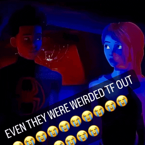a man and a woman are standing next to each other with the words " even they were weirded tf out "