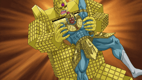 a cartoon drawing of a man being held by a giant gold cube