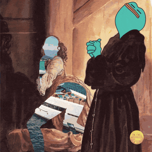 a painting of a man in a fur coat looking at himself in a mirror