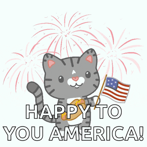 a cartoon cat holding an american flag with the words happy to you america below it