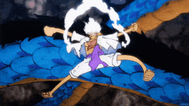 a cartoon of a man with white hair and a purple shirt is flying through the air