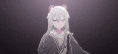 a girl with long white hair and pink eyes is wearing a black jacket with the letter a on it