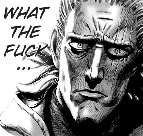 a black and white drawing of a man with the words what the fuck
