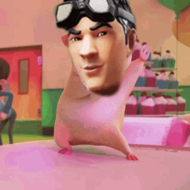 a cartoon character wearing goggles is standing on a pink table