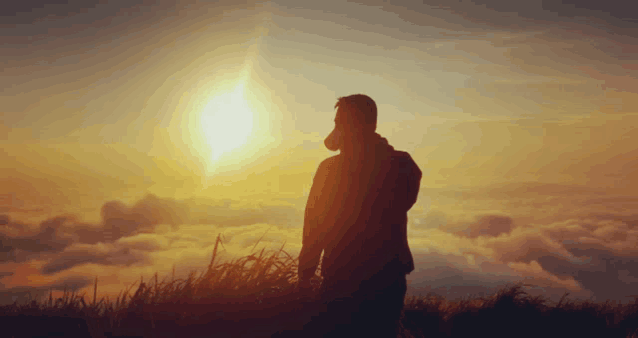a man in a gas mask stands in a field looking at the sun
