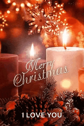 a merry christmas greeting card with two lit candles and pine cones