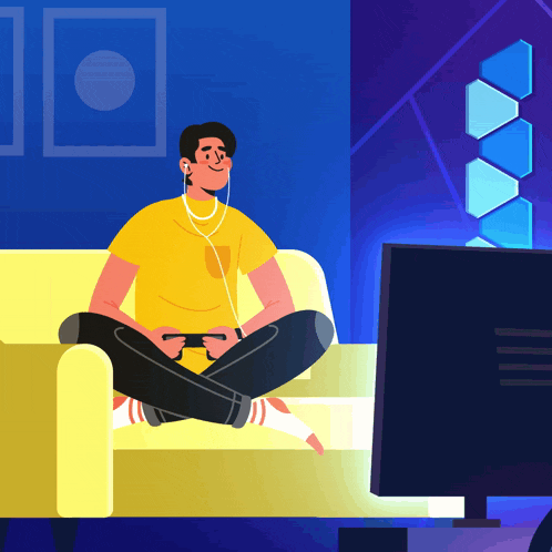 a man is sitting on a couch with his legs crossed and playing a video game