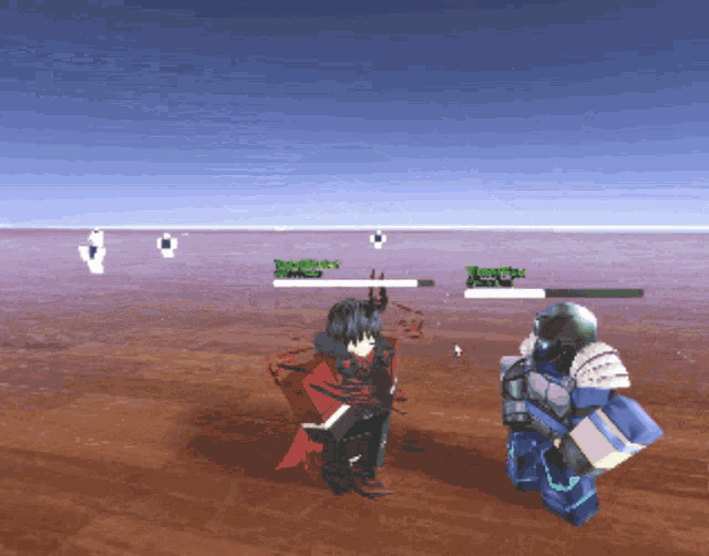 a screenshot of a video game shows a girl with a red cape standing next to a man with a sword