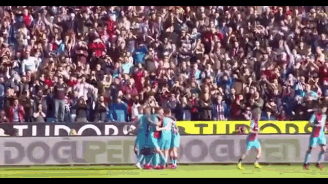 a group of soccer players are celebrating a goal in front of a crowd that is cheering