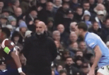 a man in a black jacket is standing in front of a crowd of people watching a soccer match .