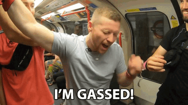 a man on a train with the words i 'm gassed