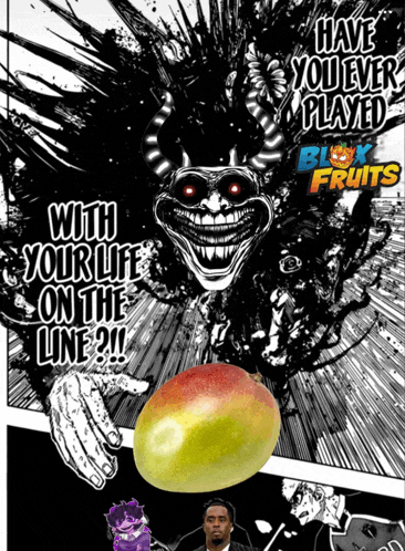 a poster for blox fruits shows a monster with horns and says have you ever played blox fruits with your life on the line